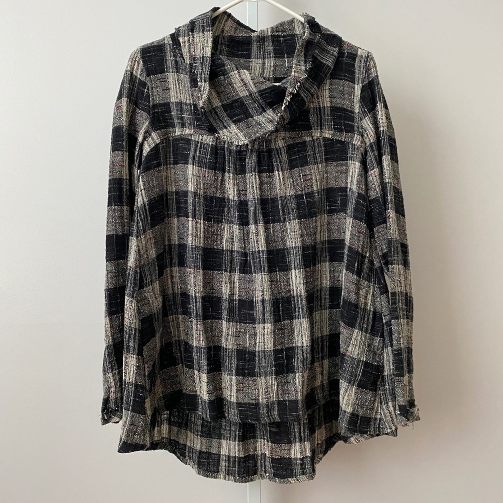 Free People Boho Relaxed Lagenlook Plaid Cowl Neck Tunic XS‎ Black